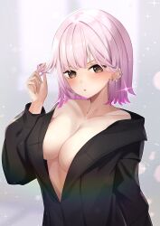 Rule 34 | 1girl, absurdres, bare shoulders, blush, breasts, brown eyes, cleavage, collarbone, commentary request, e buki, earrings, gradient hair, hand in own hair, hand up, highres, jewelry, large breasts, long sleeves, multicolored hair, no bra, off shoulder, original, pink hair, short hair, solo, upper body