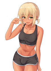Rule 34 | 1boy, absurdres, bare shoulders, black shorts, black sports bra, blonde hair, bulge, dark-skinned male, dark skin, dolphin shorts, earrings, fang, highres, jewelry, kurofuro, looking at viewer, midriff, navel, original, short hair, short shorts, short twintails, shorts, simple background, skin fang, solo, sports bra, stomach, trap, twintails, v over eye, white background, yellow eyes