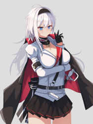 Rule 34 | 1girl, absurdres, arm under breasts, azur lane, black cape, black gloves, black hairband, black skirt, blue eyes, breasts, cape, cleavage, gloves, grey background, hair between eyes, hairband, half gloves, hane (feathe02), highres, jacket, long hair, mainz (azur lane), medium breasts, miniskirt, pleated skirt, saber (weapon), sheath, sheathed, simple background, skirt, solo, standing, sword, weapon, white hair, white jacket