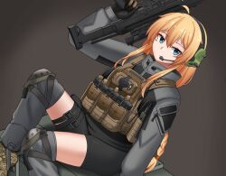 Rule 34 | 1girl, absurdres, blonde hair, blue eyes, braid, commentary, english commentary, gloves, gun, headgear, highres, indie virtual youtuber, jacket, knee pads, long hair, magazine (weapon), mole, mole under eye, msa major, rifle, shorts, smile, solo, tactical clothes, virtual youtuber, weapon, whiskey project