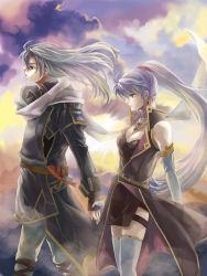 Rule 34 | 1boy, 1girl, arthur (fire emblem: genealogy of the holy war), breasts, cleavage, cloud, earrings, elbow gloves, fire emblem, fire emblem: genealogy of the holy war, gloves, hetero, holding hands, ishtar (fire emblem), jewelry, kaito (sawayakasawaday), long hair, medium breasts, necklace, nintendo, ponytail, scarf, silver hair, sky, sleeveless, thighhighs