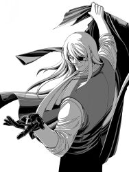 Rule 34 | 1boy, arm up, ascot, black jack (series), closed mouth, coat, eyelashes, eyepatch, from side, gloves, greyscale, hair between eyes, highres, holding, holding clothes, holding coat, holding syringe, kiriko (black jack), long hair, looking to the side, male focus, mature male, monochrome, oldkin, pants, simple background, single glove, sleeves past elbows, smile, solo, syringe, vest, white background