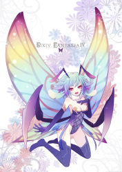Rule 34 | 1girl, antennae, breasts, butterfly wings, cleavage, fairy, gin (oyoyo), gloves, highres, insect wings, kneeling, legs, medium breasts, multicolored wings, original, pixiv fantasia, pixiv fantasia 4, red eyes, solo, thighhighs, wings