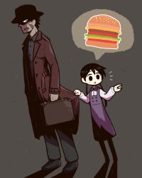 Rule 34 | 1boy, 1girl, :o, black eyes, black hair, blush stickers, bow, bowtie, briefcase, burger, buttons, child, clothes tug, coat, collared shirt, dress, facial scar, food, full body, green eyes, grey background, hat, highres, original, pants, pointing, purple dress, scar, scar on cheek, scar on face, scowl, shaded face, shadow, shirt, shoes, simple background, spoken food, standing, takurada, trench coat, twintails