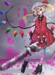 Rule 34 | 1girl, :o, absurdres, alternate costume, black footwear, black gloves, black neckwear, black ribbon, blonde hair, blood, blurry, blurry background, boots, chainsaw, chromatic aberration, crystal, dress, eyebrows hidden by hair, flandre scarlet, floating hair, full body, gloves, grey background, grey pantyhose, hair between eyes, hat, hat ribbon, head tilt, high heels, highres, holding, holding chainsaw, huge filesize, lens flare, light particles, long sleeves, looking at viewer, mob cap, one side up, open mouth, pantyhose, pink blood, puffy sleeves, red dress, red eyes, red ribbon, ribbon, short hair, simple background, solo, standing, standing on one leg, touhou, tsune (tune), white hat, wings