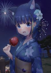 Rule 34 | 1girl, aerial fireworks, animal ear fluff, animal ears, blonde hair, blue eyes, blue hair, blue kimono, blunt bangs, blurry, blurry background, blush, breasts, candy apple, cat ears, character request, collarbone, commentary request, copyright request, embarrassed, eyelashes, festival, fireworks, floral print, flower, food, hair flower, hair ornament, high ponytail, highres, holding, holding food, japanese clothes, kimono, lily (flower), lily print, long hair, looking at viewer, multicolored hair, night, night sky, obi, open mouth, ponytail, print kimono, robotzombieneco, sash, sky, small breasts, solo, star (sky), starry sky, streaked hair, summer festival, tree, upper body, wide sleeves, yukata