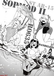 Rule 34 | 4girls, absurdres, alternate costume, animal, assisted exposure, bikini, black hair, breasts, character name, cleavage, collarbone, dandelion (girls&#039; frontline), dated, drinking straw, drinking straw in mouth, fish, fishing rod, full body, girls&#039; frontline, grabbing own breast, greyscale, hair between eyes, hair ornament, highres, holding, holding animal, holding fish, holding fishing rod, large breasts, long hair, looking at another, looking at viewer, m4 sopmod ii (girls&#039; frontline), medium breasts, monochrome, multiple girls, o-ring, o-ring bikini, one-piece swimsuit, one eye closed, one side up, open mouth, radish p, ro635 (girls&#039; frontline), sitting, small breasts, st ar-15 (girls&#039; frontline), surprised, swimsuit, teeth, twintails, upper teeth only, wading