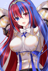 Rule 34 | 1girl, alear (female) (fire emblem), alear (fire emblem), armor, arms behind head, arms up, blue hair, blush, bow, bowtie, breasts, cape, cowboy shot, fire emblem, fire emblem engage, hair between eyes, heterochromia, highres, kirishima riona, large breasts, long hair, multicolored hair, nintendo, open mouth, red eyes, red hair, simple background, solo, tiara, very long hair
