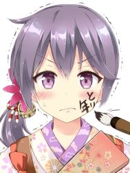 Rule 34 | 10s, 1girl, akebono (kancolle), alternate costume, bell, blush, bow, calligraphy brush, commentary request, drawing on another&#039;s face, facepaint, floral print, flower, hagoita, hair bell, hair flower, hair ornament, hanetsuki, japanese clothes, kantai collection, kimono, long hair, looking at viewer, paddle, paintbrush, purple eyes, purple hair, rioshi, side ponytail, solo, sweatdrop, tasuki, translation request, trembling, white background