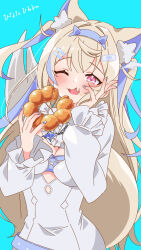 1girl animal_ear_fluff animal_ears bandaid bandaid_hair_ornament belt blonde_hair blue_background blue_belt blue_hair blue_nails blush breasts cleavage dog_ears dog_girl dog_tail fang food food_on_face frilled_sleeves frills fuwawa_abyssgard hair_ornament hairclip hand_on_own_face heart heart-shaped_pupils highres hinata_hirune holding holding_food hololive hololive_english long_hair long_sleeves looking_at_viewer multicolored_hair one_eye_closed open_mouth pink_eyes skin_fang solo streaked_hair symbol-shaped_pupils tail upper_body virtual_youtuber