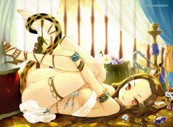 Rule 34 | 1girl, absurdres, animal ears, armlet, barefoot, bracelet, breasts, brown eyes, brown hair, cleavage, cuteg, feet, forehead, gem, hair ornament, hairclip, high heels, highres, jewelry, knees to chest, leopard ears, leopard tail, long hair, looking at viewer, lying, monster girl, nail polish, on back, original, parted bangs, seductive smile, shoe dangle, shoes, single shoe, smile, solo, strapless, tail, thighlet, toenail polish, toenails, toes, tube top, underboob, veil