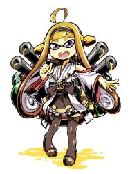 Rule 34 | 10s, 1girl, :d, ahoge, bare shoulders, boots, brown hair, brown skirt, detached sleeves, frilled skirt, frills, full body, highres, inkling, inkling player character, kantai collection, kongou (kancolle), long hair, looking at viewer, machinery, nintendo, nontraditional miko, open mouth, pleated skirt, purple eyes, revision, simple background, skirt, smile, solo, splatoon (series), splatoon 1, tanashi (mk2), tentacle hair, thigh boots, thighhighs, white background
