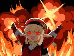 Rule 34 | 1girl, :d, ahoge, arms up, backpack, bag, black background, blonde hair, brown gloves, cabbie hat, charm (object), commentary, dress, empty eyes, english commentary, explosion, fire, genshin impact, gloves, hat, highres, kkaags, klee (genshin impact), long sleeves, looking at viewer, meme, open mouth, outstretched arms, pointy ears, randoseru, red dress, red eyes, red hat, short twintails, simple background, smile, solo, sparkle, spread arms, twintails, upper body