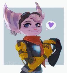 Rule 34 | 1girl, alien, animal ears, furry, furry female, goggles, goggles on head, handheart, mechanical arms, ratchet &amp; clank, ratchet &amp; clank: rift apart, rivet (ratchet &amp; clank), rozichchan, single mechanical arm, solo, striped tail, tail