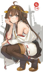 Rule 34 | 10s, 1girl, ahoge, bad id, bad pixiv id, bare shoulders, boots, braid, breasts, brown hair, brown thighhighs, copyright name, detached sleeves, double bun, grey eyes, hair bun, head rest, headgear, high heels, japanese clothes, kantai collection, kippu, kongou (kancolle), long hair, looking at viewer, nontraditional miko, personification, sideboob, skirt, smile, solo, squatting, thigh boots, thighhighs, wide sleeves