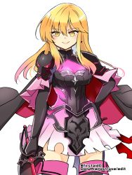 Rule 34 | 1girl, armor, black gloves, blonde hair, cape, dress, elbow gloves, fire emblem, fire emblem: genealogy of the holy war, fire emblem heroes, gloves, hair between eyes, hand on own hip, holding, holding sword, holding weapon, lachesis (fire emblem), long hair, looking at viewer, nintendo, official alternate costume, shoulder armor, sidelocks, simple background, skirt, smile, solo, sword, torn clothes, weapon, white background, yellow eyes, yukia (firstaid0)