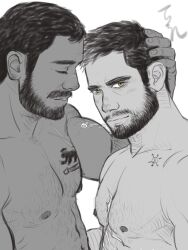 Rule 34 | 2boys, bara, beard, dark-skinned male, dark skin, facial hair, from side, full beard, hand on another&#039;s head, heads together, highres, looking at viewer, male focus, mature male, multiple boys, muscular, muscular male, nipples, original, pectorals, scar, scar on chest, short hair, sparse chest hair, thick eyebrows, tsurime, upper body, yaoi, yi hu