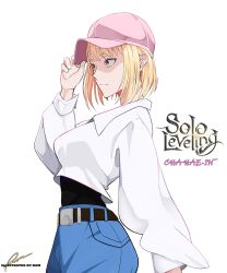 Rule 34 | 1girl, belt, black shirt, blonde hair, blue pants, breasts, cha hae-in, character name, closed mouth, copyright name, denim, feet out of frame, flat cap, from side, hair between eyes, hand on headwear, hat, highres, leaning back, looking ahead, medium breasts, pants, pink eyes, pink hat, shirt, short hair, signature, solo, solo leveling, user kgms3843, white shirt