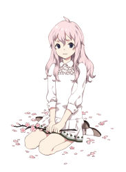 Rule 34 | 1boy, androgynous, blue eyes, branch, cherry blossoms, crossdressing, dress, long hair, male focus, montanyaoh, original, parted lips, petals, pink hair, seiza, simple background, sitting, solo, trap, twig, white background