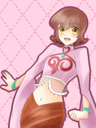 Rule 34 | 1girl, annie barrs, blush, bracelet, brown hair, jewelry, midriff, navel, open mouth, pink background, see-through, short hair, tales of (series), tales of rebirth, wide sleeves, yellow eyes