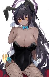 Rule 34 | 1girl, :o, alcohol, animal ears, aqua bow, aqua bowtie, bare shoulders, black hair, black leotard, blue archive, blue bow, blue bowtie, blush, bow, bowtie, breasts, champagne, cleavage, collarbone, commentary, covered navel, cowboy shot, crossed bangs, curvy, dark-skinned female, dark skin, detached collar, eyelashes, fake tail, fishnet pantyhose, fishnets, glass, gloves, hair between eyes, halo, hand up, highres, huge breasts, inuyayo, karin (blue archive), karin (bunny) (blue archive), large breasts, leotard, long hair, looking at viewer, official alternate costume, open mouth, pantyhose, playboy bunny, ponytail, rabbit ears, rabbit tail, side-tie leotard, simple background, sitting, slit pupils, solo, strapless, strapless leotard, tail, traditional bowtie, white background, white gloves, wide hips, wrist cuffs, yellow eyes