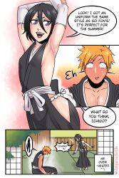 Rule 34 | 1boy, 1girl, arm warmers, armpits, arms up, black hair, bleach, blush, breasts, comic, commentary, constricted pupils, contrapposto, dangerousbride, dress, english text, full-face blush, hair between eyes, highres, japanese clothes, kuchiki rukia, kurosaki ichigo, long dress, muscular, muscular male, open mouth, orange hair, pectorals, purple eyes, short hair, side slit, sideboob, small breasts, smile, sweat