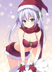 Rule 34 | 1girl, bare arms, bare shoulders, bikini, bikini top only, bow, breasts, christmas, cleavage, fur trim, gloves, green eyes, hair bow, hat, heart, highres, leaning forward, long hair, looking at viewer, medium breasts, miniskirt, navel, original, pimopi, plaid, red bikini, red gloves, red hat, red skirt, sack, santa bikini, santa hat, scarf, skirt, smile, solo, standing, stomach, swimsuit, thighs, twintails, white hair