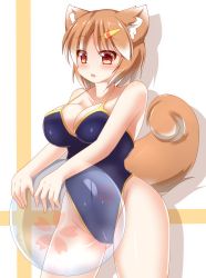 Rule 34 | 1girl, animal ears, bad id, bad pixiv id, ball, bare shoulders, beachball, blush, breasts, brown eyes, brown hair, casual one-piece swimsuit, cleavage, hajime (ak-r), large breasts, maki-chan, one-piece swimsuit, original, short hair, solo, squirrel ears, squirrel tail, swimsuit, tail