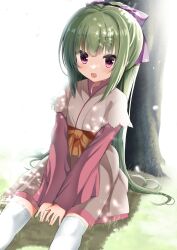 Rule 34 | 1girl, arms between legs, bloom, blunt bangs, blush, bow, commentary request, dappled sunlight, flat chest, frilled kimono, frills, grass, green hair, hair bow, highres, hime cut, japanese clothes, kimono, long hair, long sleeves, looking at viewer, murasame (senren), open mouth, orange sash, ponytail, purple bow, purple eyes, red kimono, senren banka, short kimono, sidelocks, sitting, smile, solo, straight hair, sunlight, takepoison, thighhighs, tree, very long hair, white kimono, white thighhighs, wide sleeves, yuzu-soft, zettai ryouiki