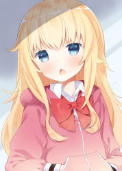 Rule 34 | 10s, 1girl, 2017, blonde hair, blue eyes, blush, bow, capriccio, chestnut mouth, dated, gabriel dropout, hands in pockets, hibanar, hood, hoodie, looking at viewer, open mouth, solo, gabriel tenma white, upper body