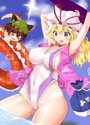 Rule 34 | &gt; &lt;, alternate costume, bikini, blonde hair, blue sky, blurry, blurry background, blush, breasts, brown hair, chen, claws, cloud, commentary request, competition swimsuit, cowboy shot, day, earrings, fang, fang out, fujiko (emnprmn), gap (touhou), gluteal fold, green hat, happy, hat, hat ribbon, highleg, highleg swimsuit, highres, hip focus, impossible clothes, impossible swimsuit, innertube, jacket, jewelry, long hair, medium breasts, mob cap, one-piece swimsuit, open clothes, open jacket, open mouth, orange bikini, outdoors, pink jacket, purple eyes, ribbon, shiny skin, short hair, short sleeves, size difference, sky, smile, sparkle, sun, sunlight, swim ring, swimsuit, thigh gap, thighs, touhou, water, water drop, white hat, white one-piece swimsuit, wide hips, yakumo yukari