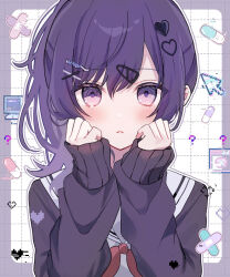 Rule 34 | 1girl, ?, asahina mafuyu, blush, border, hair ornament, hairclip, haruta 333 x, heart, heart hair ornament, highres, long hair, long sleeves, looking at viewer, outline, parted lips, project sekai, purple border, purple eyes, purple hair, purple sweater, sailor collar, sleeves past wrists, solo, sweater, upper body, white outline, white sailor collar