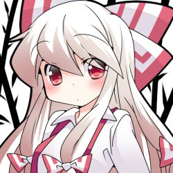 Rule 34 | 1girl, commentary request, dress shirt, fujiwara no mokou, hair ribbon, hammer (sunset beach), looking at viewer, red eyes, ribbon, shirt, solo, suspenders, touhou, upper body, white hair