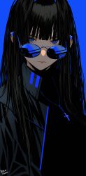 Rule 34 | 1girl, absurdres, artist name, black hair, black jacket, black shirt, blue background, blue hair, blunt bangs, closed mouth, cross, cross necklace, dated, earclip, expressionless, high collar, highres, hololive, hololive english, jacket, jewelry, long hair, looking at viewer, multicolored hair, necklace, ouro kronii, round eyewear, shirt, simple background, solo, steb, sunglasses, virtual youtuber