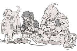 Rule 34 | 2boys, :d, ^ ^, afro, bee (dragon ball), boots, cable, cape, closed eyes, dog, doseisan, dragon ball, dragonball z, closed eyes, gloves, greyscale, headphones, hungry clicker, majin buu, male focus, monitor, monochrome, multiple boys, open mouth, pants, playing games, puffy pants, simple background, sitting, smile, white background