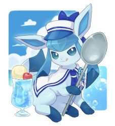 Rule 34 | :q, air bubble, bubble, cherry, closed mouth, commentary request, creatures (company), food, fruit, game freak, gen 4 pokemon, glaceon, glaceon (summer sailor), glass, hat, highres, holding, ichino cco, looking at viewer, nintendo, no humans, pokemon, pokemon (creature), pokemon cafe remix, smile, solo, sparkle, tongue, tongue out, twitter username, white hat