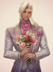 Rule 34 | 1boy, androgynous, berakoth, bouquet, commentary, english commentary, flower, formal, highres, korean commentary, lifeweaver (overwatch), long hair, looking at viewer, male focus, mixed-language commentary, overwatch, overwatch 2, pink flower, simple background, smile, solo, twitter username, white background, white flower, white hair