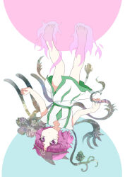 1other :o androgynous bare_arms bare_legs barefoot burning circle commentary_request dot_nose dress energy_wings expressionless fire flower full_body grey_wings highres japanese_clothes kijipoko len&#039;en open_mouth other_focus pink_eyes pink_fire pink_hair shion_(len&#039;en) short_dress short_hair short_sleeves side_slit solo toes triangular_headpiece upside-down white_background white_dress wings