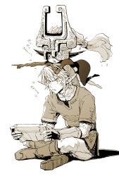 Rule 34 | 1boy, 1girl, blush, full body, game console, hat, link, long hair, looking at viewer, midna, monochrome, nintendo, pointing, pointy ears, short hair, tak (karasuki), the legend of zelda, the legend of zelda: twilight princess, white background, wii u