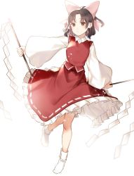 Rule 34 | 1girl, absurdres, boots, bow, brown eyes, brown hair, closed mouth, dress, gohei, hair tubes, hakurei reimu, hand up, highres, jill 07km, long sleeves, looking at viewer, pantaloons, pink bow, red dress, short hair, simple background, solo, touhou, white background, white footwear, white sleeves