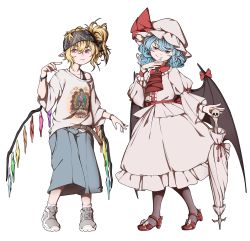 Rule 34 | 2girls, absurdres, alternate costume, baggy clothes, baggy shorts, bandana, bat wings, belt, black legwear, blonde hair, blue hair, bow, brooch, casual, commentary request, contemporary, flandre scarlet, gangster, hat, hat bow, highres, jewelry, mefomefo, mob cap, multiple girls, pink skirt, pointing, puffy sleeves, red eyes, red footwear, remilia scarlet, shirt, footwear bow, shoes, shorts, side ponytail, skirt, slit pupils, smile, sneakers, t-shirt, touhou, umbrella, white background, white footwear, white legwear, wings