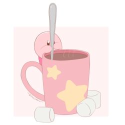 Rule 34 | 1boy, animated, animated gif, artist name, blue eyes, border, chocomiru, cup, food, hot chocolate, kirby, kirby (series), marshmallow, mixing, mug, nintendo, no humans, pink background, signature, simple background, solo, star (symbol), steam, stirring, white border