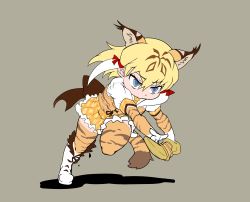 Rule 34 | 10s, 1girl, animal ears, blonde hair, blue eyes, boots, closed mouth, elbow gloves, full body, gloves, hair between eyes, highres, kemono friends, multicolored hair, nat (gsx-r1300), necktie, short hair, short sleeves, smilodon (kemono friends), solo, tail, thighhighs, thighhighs under boots, tiger ears, tiger girl, tiger tail