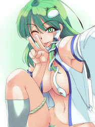 Rule 34 | 1girl, :p, bottomless, breasts, censored, colored pubic hair, convenient censoring, detached sleeves, female focus, female pubic hair, frog, frog hair ornament, gesture, green eyes, green hair, hair between eyes, hair ornament, hair tubes, kneehighs, kochiya sanae, kurozako, large breasts, long hair, matching hair/eyes, no bra, no panties, one eye closed, open clothes, open shirt, out-of-frame censoring, panties, panties around leg, pubic hair, shirt, snake, socks, solo, tongue, tongue out, touhou, underwear, v, white socks, wink