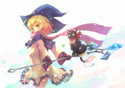 Rule 34 | 1girl, bell, black gloves, blonde hair, cat, fantasy earth zero, gloves, hat, holding, holding staff, looking at viewer, looking back, mittens, pantyhose, red scarf, ribbon, ryouku, scarf, short hair, simple background, smile, snowflakes, snowing, solo, staff, standing, white background, window, witch hat, yellow eyes, yellow pantyhose