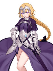 Rule 34 | 1girl, armor, armored dress, black bow, blonde hair, bow, braid, braided ponytail, breasts, chain, dress, fate/apocrypha, fate (series), faulds, floating hair, gauntlets, hair bow, hand on own hip, headpiece, jeanne d&#039;arc (fate), jeanne d&#039;arc (ruler) (fate), large breasts, long dress, long hair, looking at viewer, no legwear, purple dress, purple eyes, sheath, sheathed, simple background, single braid, siun, solo, standing, sword, very long hair, weapon, white background