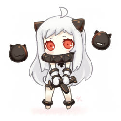 Rule 34 | 10s, 1girl, abyssal ship, ahoge, aircraft, airplane, chibi, colored skin, dress, holding, horns, kaizeru, kantai collection, long hair, looking at viewer, lowres, mittens, northern ocean princess, red eyes, simple background, solo, white background, white dress, white hair, white skin