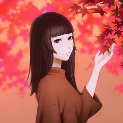 Rule 34 | 1girl, blunt bangs, blurry, blurry background, branch, brown eyes, brown hair, closed mouth, depth of field, hand up, ilya kuvshinov, leaf, long hair, long sleeves, looking at viewer, maple leaf, original, red sweater, smile, solo, sweater, upper body