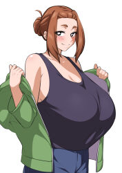 Rule 34 | 1girl, absurdres, black tank top, blue pants, blush, breasts, brown eyes, brown hair, cleavage, closed mouth, egoha., green hoodie, green jacket, hair bun, highres, hood, hoodie, huge breasts, jacket, kaii to otome to kamigakushi, looking at viewer, mole, mole under eye, ogawa sumireko, open clothes, open jacket, pants, shirt, sidelocks, smile, solo, tank top, thick eyebrows, undressing, upper body, white background