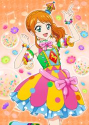 Rule 34 | 1girl, aikatsu!, aikatsu! (series), aikatsu! photo on stage!!, beads, braid, carousel, confetti, dress, earrings, flower, french braid, frills, green eyes, hair ornament, jewelry, musical note, orange background, orange hair, ponytail, ribbon, smile, solo, tachibana michelle